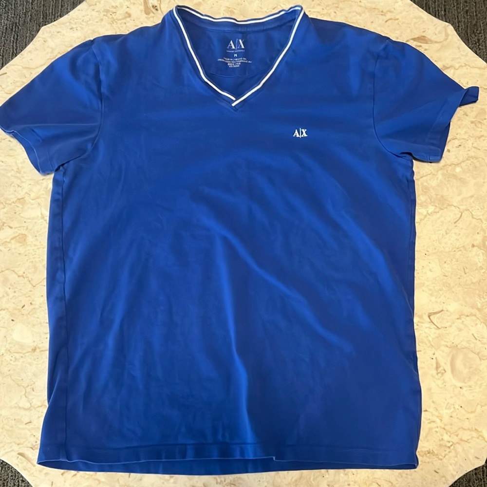 Men’s blue and white Armani exchange v neck t shirt size medium